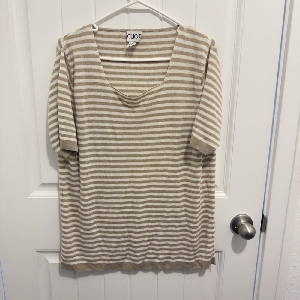 Clio II Women's White‎ Brown Stripe Square Neck Short Sleeve Vintage Shirt 1X
